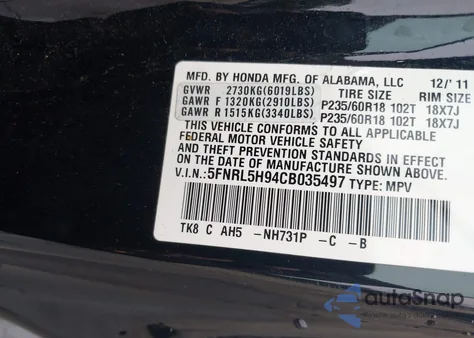 2012 Honda Odyssey Touring/Touring Elite z USA, uszkodzony, nr VIN 5FNRL5H94CB035497